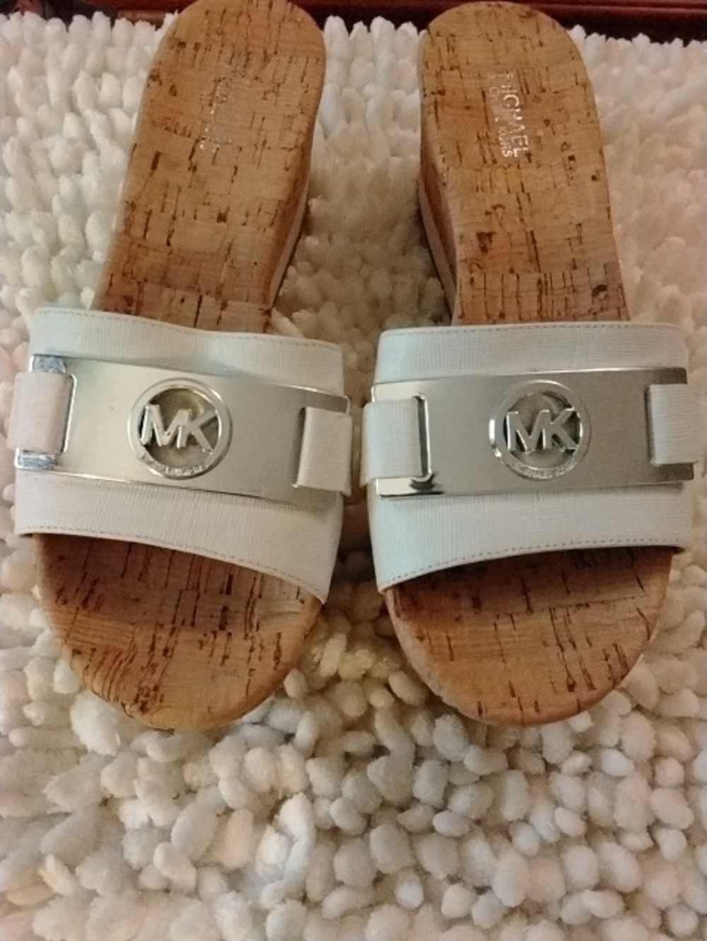 Michael Kors White Cork Slide Mules with Silver MK Emblem